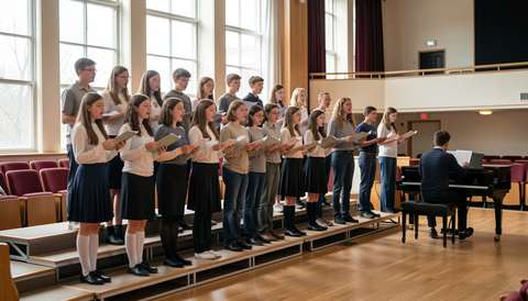 High-school choir students singing on risers in an auditorium with a pianist at a grand piano